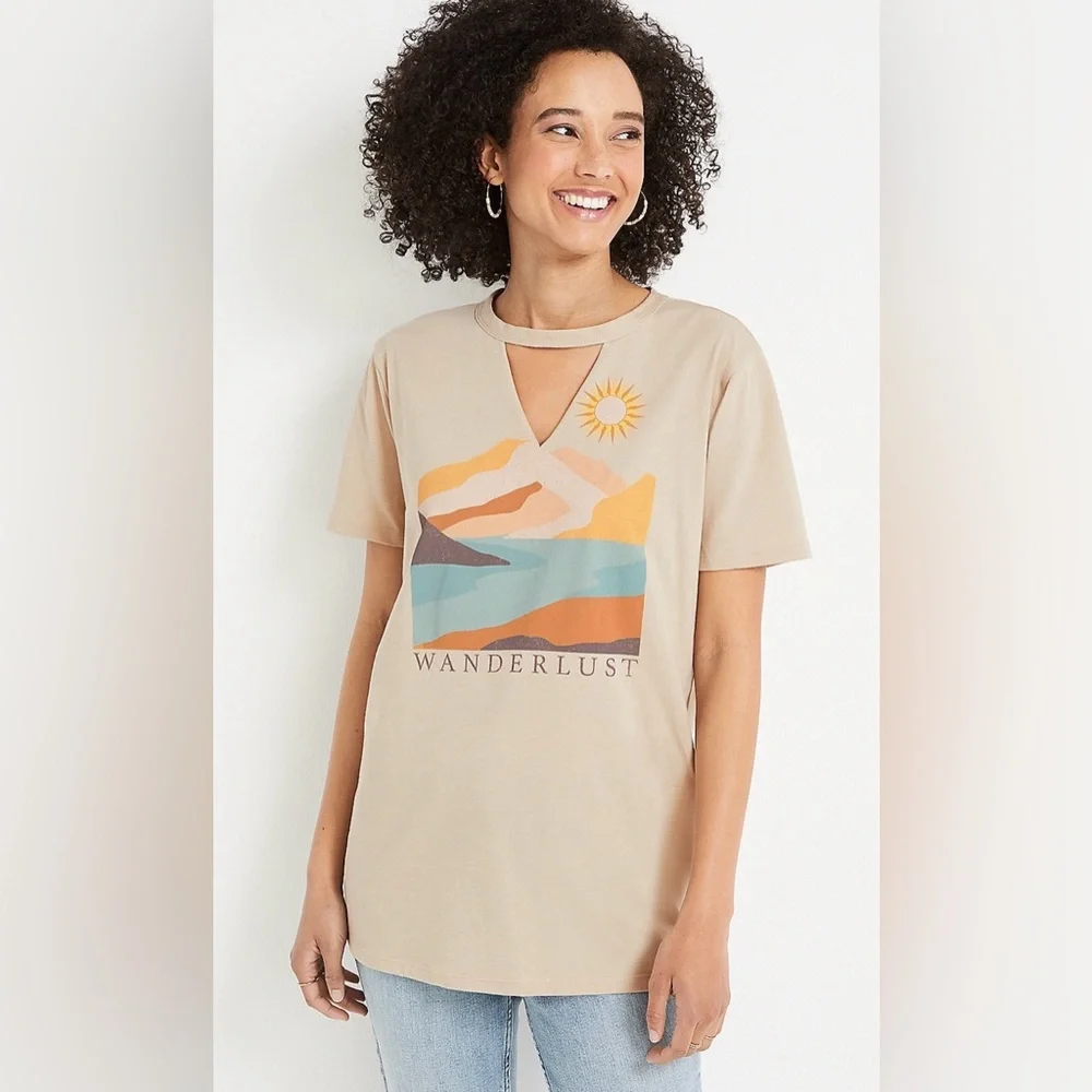 Maurices Oversized Keyhole Wanderlust Graphic Tee Size Large Boho Travel - Picture 1 of 12